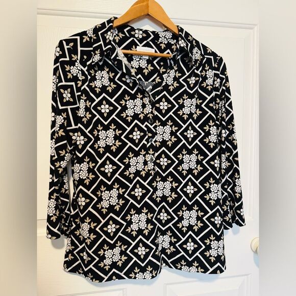 Charter Club Black and Cream Notched Collar Button Down Shirt - Picture 1 of 8